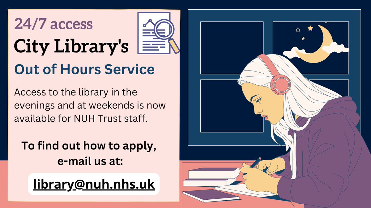 NUHLibrary's tweet photo. City Library's Out of Hours service is back up and running. NUH Trust staff can request access to the library during unstaffed hours (evenings and weekends) by e-mailing library@nuh.nhs.uk. 🕔🌙 https://t.co/WC1tBormIV