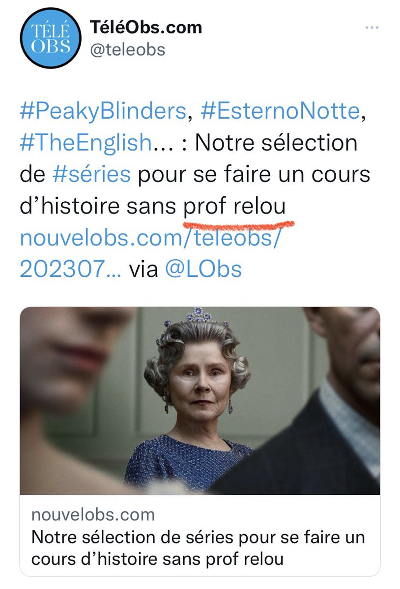 Bonjour <a href="/GloisonLoison/">Guillaume Loison</a> <a href="/Asagnard/">Arnaud Sagnard</a> pourquoi un titre aussi gratuitement désagréable pour les profs?
Ça discrédite complètement votre texte et <a href="/teleobs/">TéléObs.com</a>, d’autant qu’on est nombreux à intégrer les séries dans nos réflexions justement cf. <a href="/MarjoBoutet/">Marjolaine Boutet</a> <a href="/HistoireSerie/">Histoire en séries</a> <a href="/parolesdhist/">Paroles d'histoire podcast 🎧 (RV sur bluesky)</a> etc.