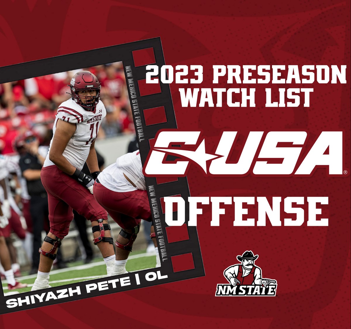 NMStateFootball's tweet photo. On offense, @ShiyazhT and @diegopavia02 have been named to the @ConferenceUSA Preseason Watch List

📰: https://t.co/OX26cwqTou

#AggieUp x #HHLP https://t.co/0t05wovkf7