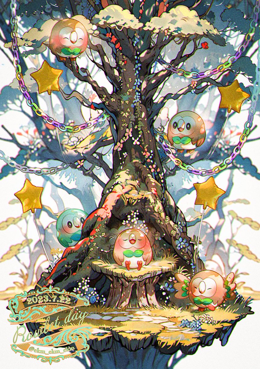 rowlet pokemon (creature) no humans tree star (symbol) grass closed eyes tree stump  illustration images