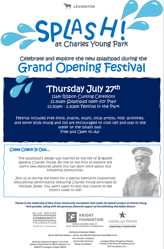 We’re officially opening “Splash! At Charles Young Park” with a kick-off celebration starting at 11 a.m. next Thursday, July 27. Come out to Charles Young Park off Midland Avenue and enjoy free food, kids activities, music … and, of course, cool off with Splash!