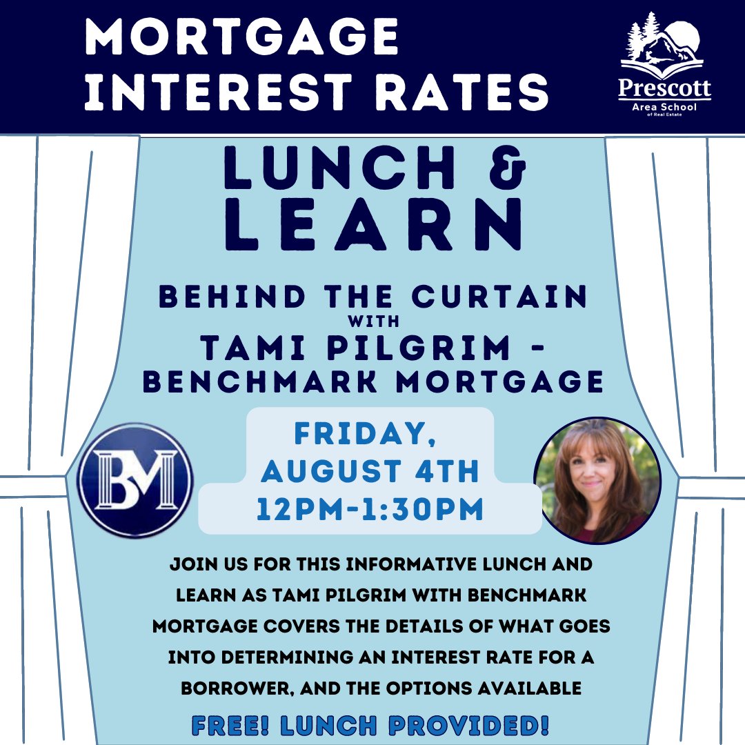 PAARREALTORS's tweet photo. Come join us on Aug 4th at our free Lunch & Learn w/Tami Pilgrim. Refresh your knowledge on how interest rates for borrowers are determined & network w/colleagues - it'll be an informative & fun experience!
#mortgagerates #paarschool #arizonarealtors #realtors https://t.co/67V7hIs4ge
