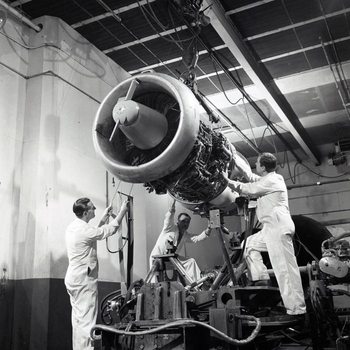 TheCHPF's tweet photo. Did you know that aircraft engines were once manufactured in Mississauga, Ontario? 

⁠Explore more historical images of aircraft manufacturing in our new Mississauga Galleries on our website!
⁠
Image: "Orenda Engines Limited" by George Hunter⁠, 1957⁠ https://t.co/5VELR5Sut4