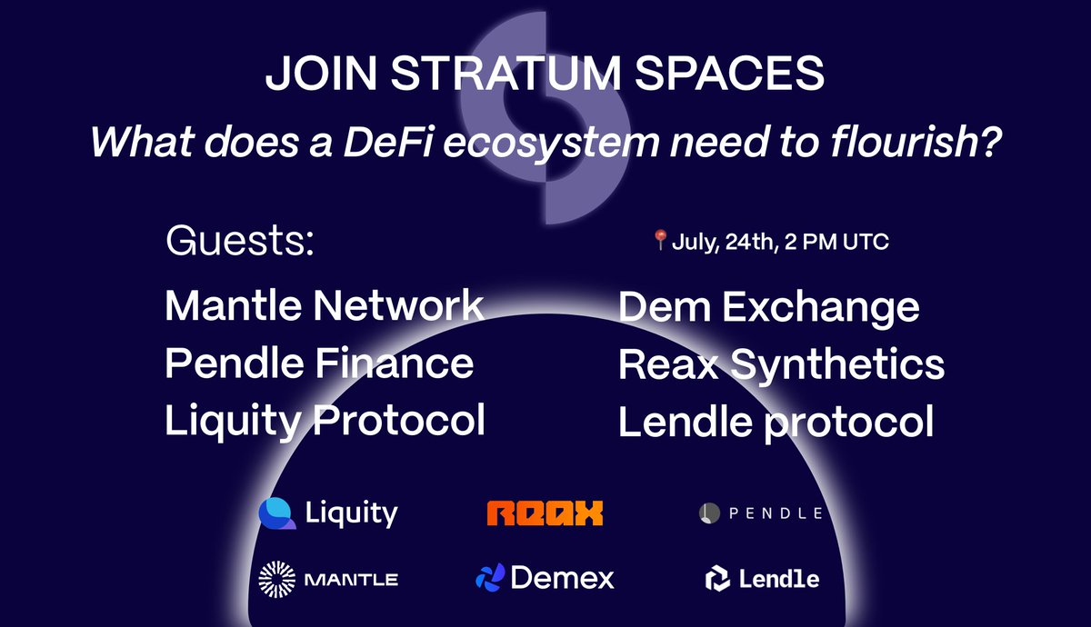 'What does a DeFi ecosystem need to flourish?' 🤓 We will discuss this question together with @0xMantle @lendlexyz @pendle_fi @demexchange @ReaxFinance @LiquityProtocol Join our spaces on Monday, July 24th, 2 PM UTC! 📣 twitter.com/i/spaces/1OwGW…