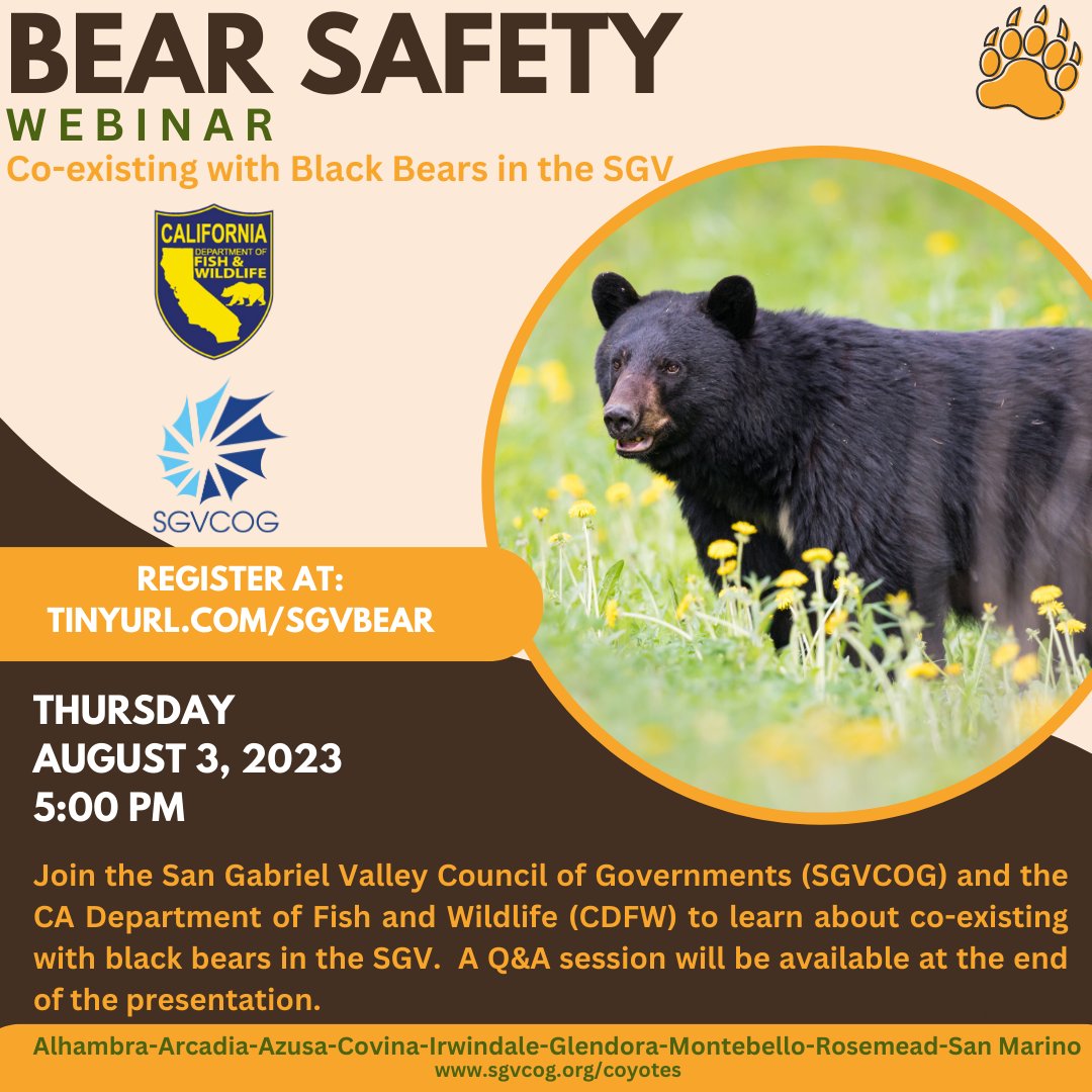 The Neighborhood Coyote Program is hosting a Bear Safety Webinar in partnership with CDFW. Please join us on Thursday August 3,2023 at 5:00 PM. Register today ! tinyurl.com/sgvbear  #WildlifeEducation #BearSafetyWebinar