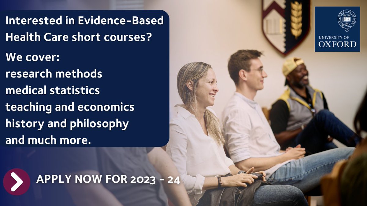 Interested in developing your knowledge in a specialist area of Evidence-Based Health Care? Want to learn from experts in the field?

Our short courses for 2023-24 covering a wide range of topics are now open for applications.  Find out more: bit.ly/3Q63fXe