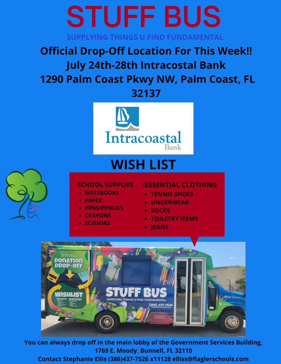 FlaglerEdFound's tweet photo. STUFF BUS is on the move in our community collecting supplies for students & teachers for Flagler Schools
Next week the bus will be at Intracoastal Bank all week so you can drop off supplies directly into the bus!
#makeithappen #backtoschool #flaglerforward #toolsforeducation https://t.co/9rlegNy1ZZ