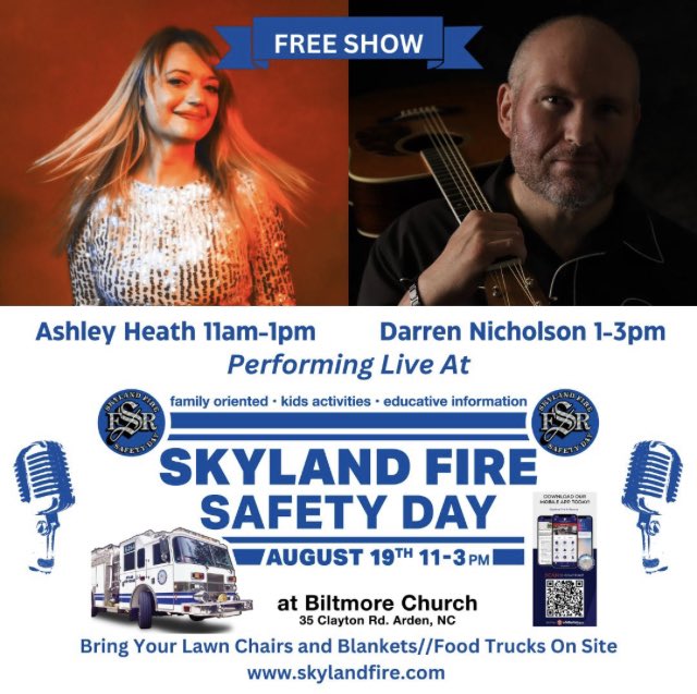 We have some great local musician coming to our Safety Day to keep the family entertained! It's free to attend our event and we'll have food trucks, safety displays, and more.
Thank you to Biltmore Church, Fox Mountain Guides, and Fore Plumbing for their support.