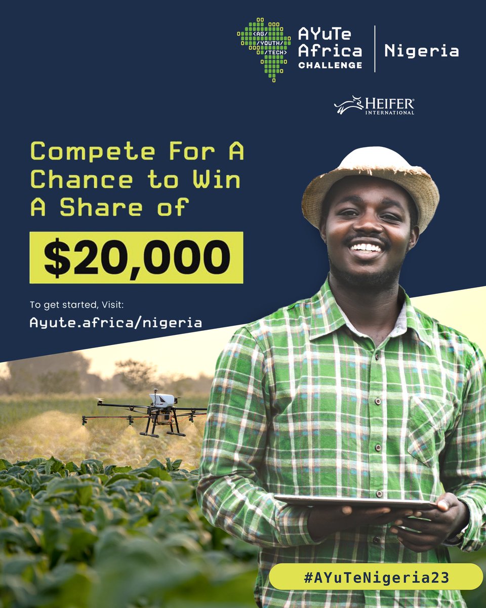 Are you a young promising Agritech innovator in Nigeria?

Don't miss this opportunity to secure funding and the support you need to grow and scale!

Apply now ayute.africa/nigeria

#AYuTeNigeria23 #agriculture #AYuTe #nigeria #heifernigeria #innovation