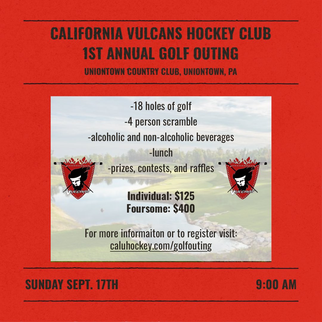 Vulcans_IHC's tweet photo. Join us for our annual alumni game and inaugural golf outing!

📅: September 16th and 17th
🏒: 9/16 - 5pm at cfs bank Event Center, Rostraver, PA
⛳: 9/17 - 8 am at Uniontown Country Club, Uniontown PA
🔗: https://t.co/JTbDsWltBh https://t.co/AgU8xvO5m4