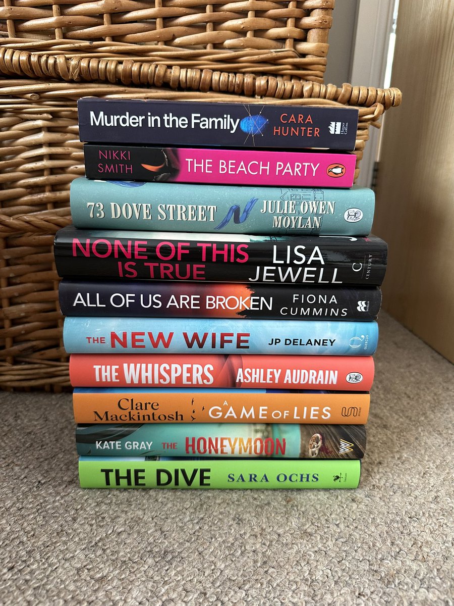 Publishing day stack (from yesterday) #MurderInTheFamily @CaraHunterBooks #TheBeachParty @Mrssmithmunday #NoneOfThisIsTrue @lisajewelluk #AllOfUsAreBroken @FionaAnnCummins #TheNewWife #JPDelaney #TheWhispers @audrain #AGameOfLies @claremackint0sh #TheHoneymoon @KateGrayAuthor