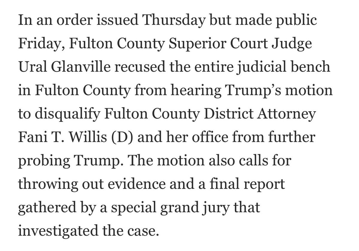 WEIRD: so we know the Georgia Supreme Court threw out Donald’s motion to remove Fani Willis and quash the special grand jury report. But the chief judge in the OTHER court considering his motion just recused the entire bench from deciding the motion. 1/