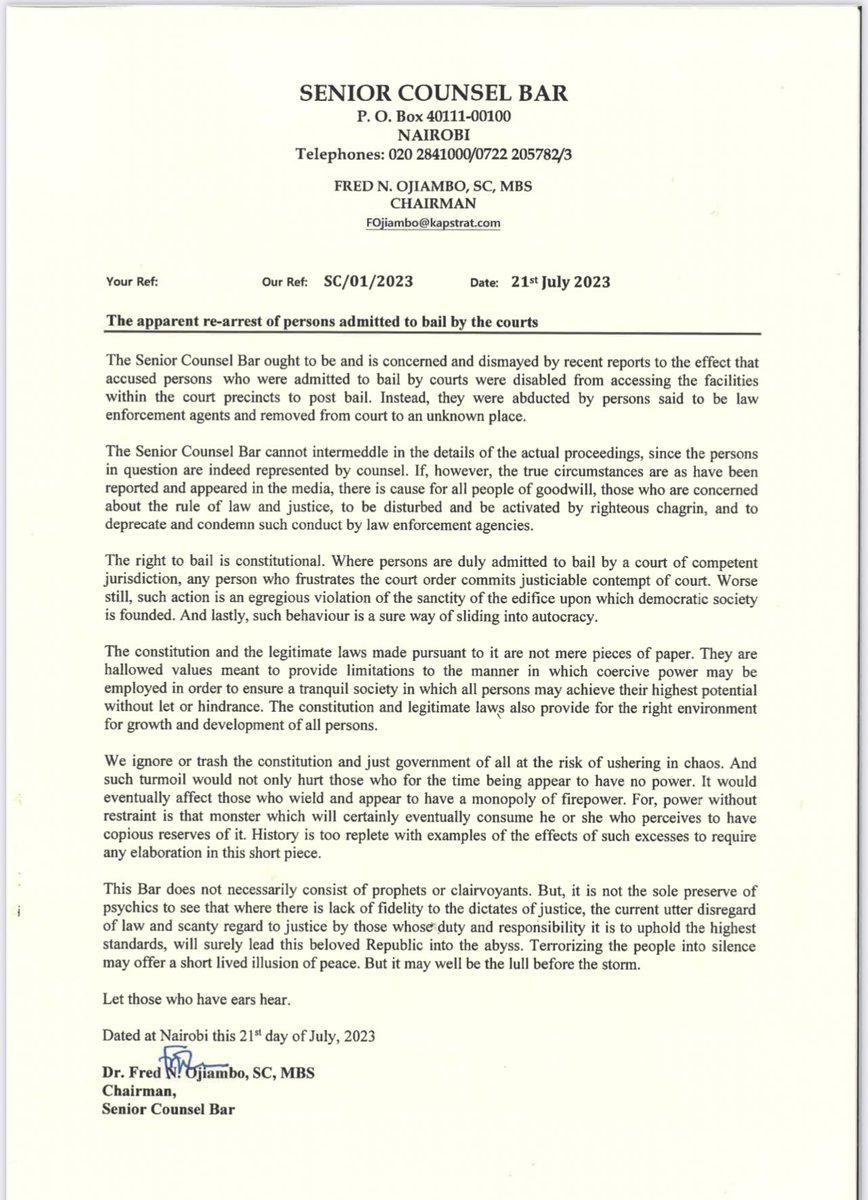 ahmednasirlaw's tweet image. FAKE. FAKE. FAKE. FAKE. This letter is written by Mr. Fred Ojiambo SC in his personal capacity. It doesn't represent the views of the Senior Counsel Bar...please disregard it @lawsocietykenya @ProfOjiendaTom @Paul_Muite