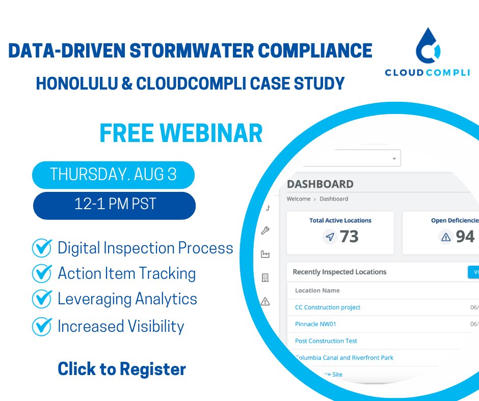cloudcompli's tweet image. Cities and counties, don&apos;t miss our upcoming webinar on Aug 3rd. See how Jacobs utilizes CloudCompli and other tools to hep the City of Honolulu manage their stormwater program more efficiently. Register here: attendee.gotowebinar.com/register/48845… #stormwatersoftware
