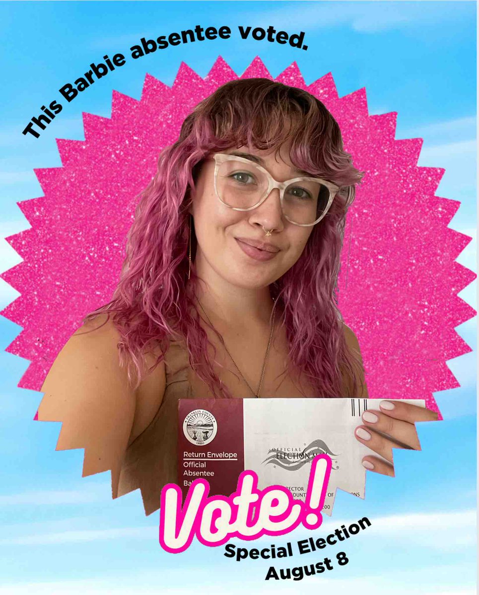 innovationohio's tweet photo. Innovation Ohioโs Barbies are out voting early and absentee voting for the August 8 special election! Be like Barbie and early and absentee vote ๐ฉท #VoteNOinAugust #VoteNOonIssue1 #vote #earlyvote #absenteevote #absenteeballot https://t.co/Jx8jTTgR98