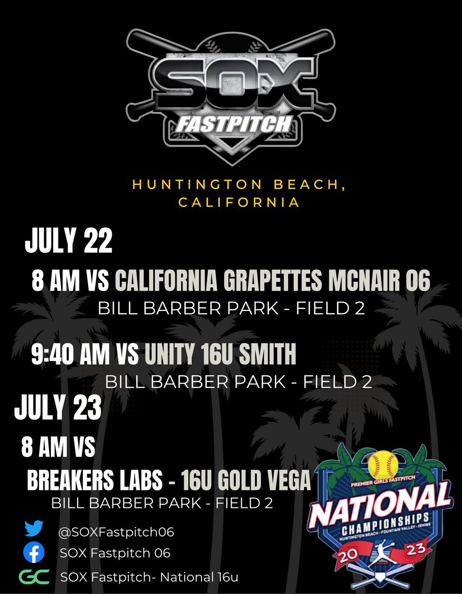 SOXFastpitch06's tweet image. We’re headed to PGF Nationals Premier in Huntington Beach this week! 🌴Check out our pool play schedule.