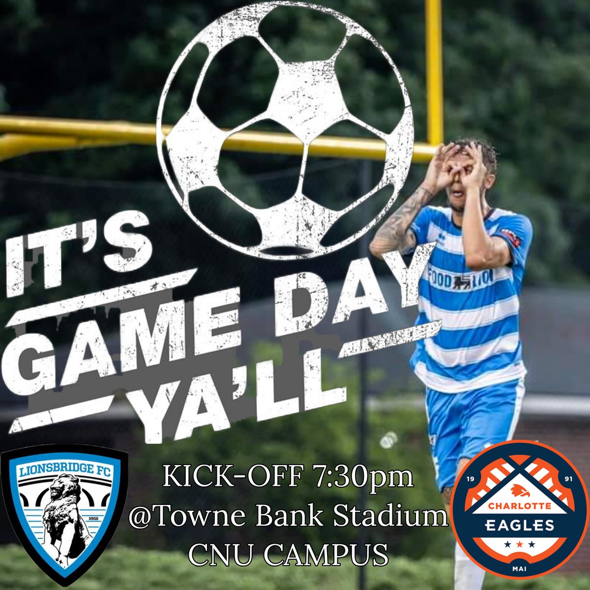 IT'S PLAYOFF GAME DAY!
7:30pm KICK-OFF at Towne Bank Stadium on The Campus of <a href="/CNUcaptains/">Christopher Newport University</a> <a href="/LionsbridgeFC/">Lionsbridge FC</a> <a href="/CharlotteEagles/">Charlotte Eagles</a> <a href="/USLLeagueTwo/">USL League Two</a> #thisisourbridge #upthebridge