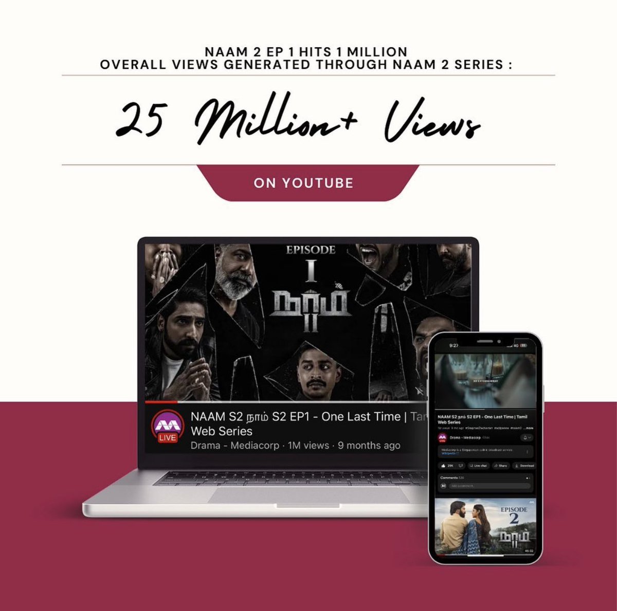 360EntPros's tweet photo. 25 Million views for Naam 2 on @mediacorp Youtube Platforms ! Thank you for all the love and support ! ❤️ One Love One Life ! 💥 https://t.co/Kwc9VlO7vD