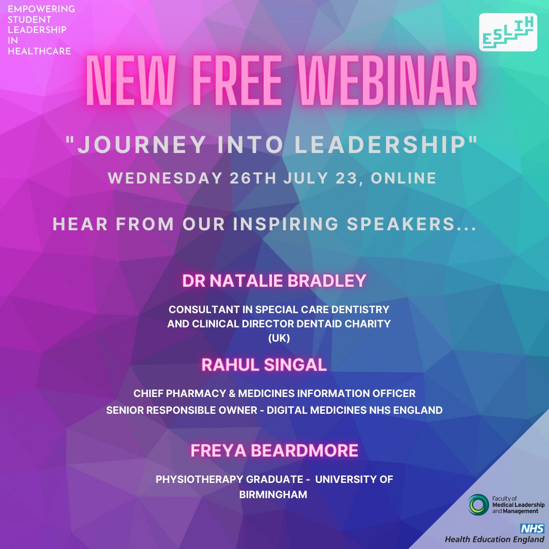 ESLIHConference's tweet photo. 📢 Free Webinar open to all 📢

5 days to go!! 

This is a great opportunity listen to three inspiring healthcare leaders speak!

26th July 18:00 - 19:15 

Register for the free Webinar now at: https://t.co/NwH1KLU8HN

#ESLIH #studentleaders https://t.co/JpLbiamm5K