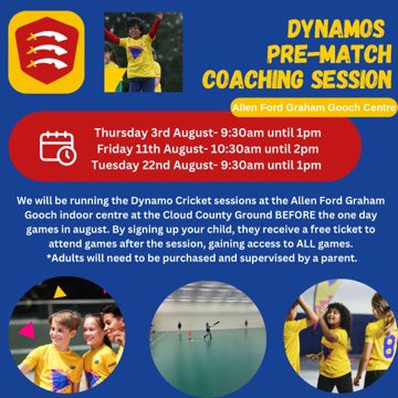 🦅Dynamos Cricket - Match Day Centre! 🦅
We’re running sessions (mixed) at the Allen Ford Graham Gooch indoor centre BEFORE the one day games in august (£40pp), receive a free ticket to attend games after the session, gaining access to ALL one-day games. ecb.clubspark.uk/Dynamos/BookCo…