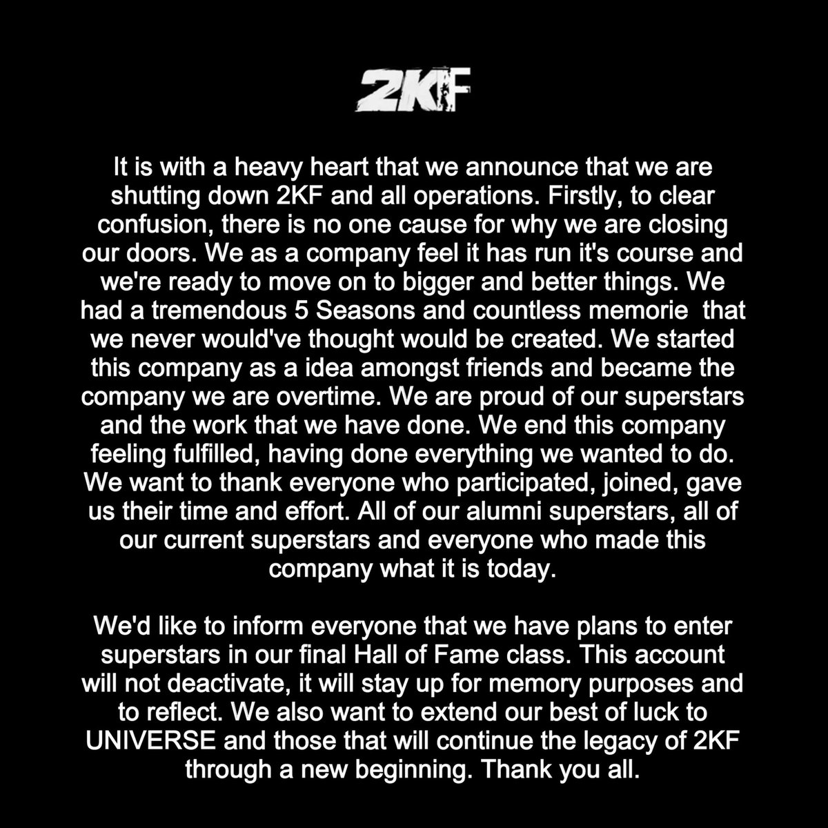 2KFUniverse's tweet photo. Official statement from 2KF. https://t.co/wn88kTjtVn