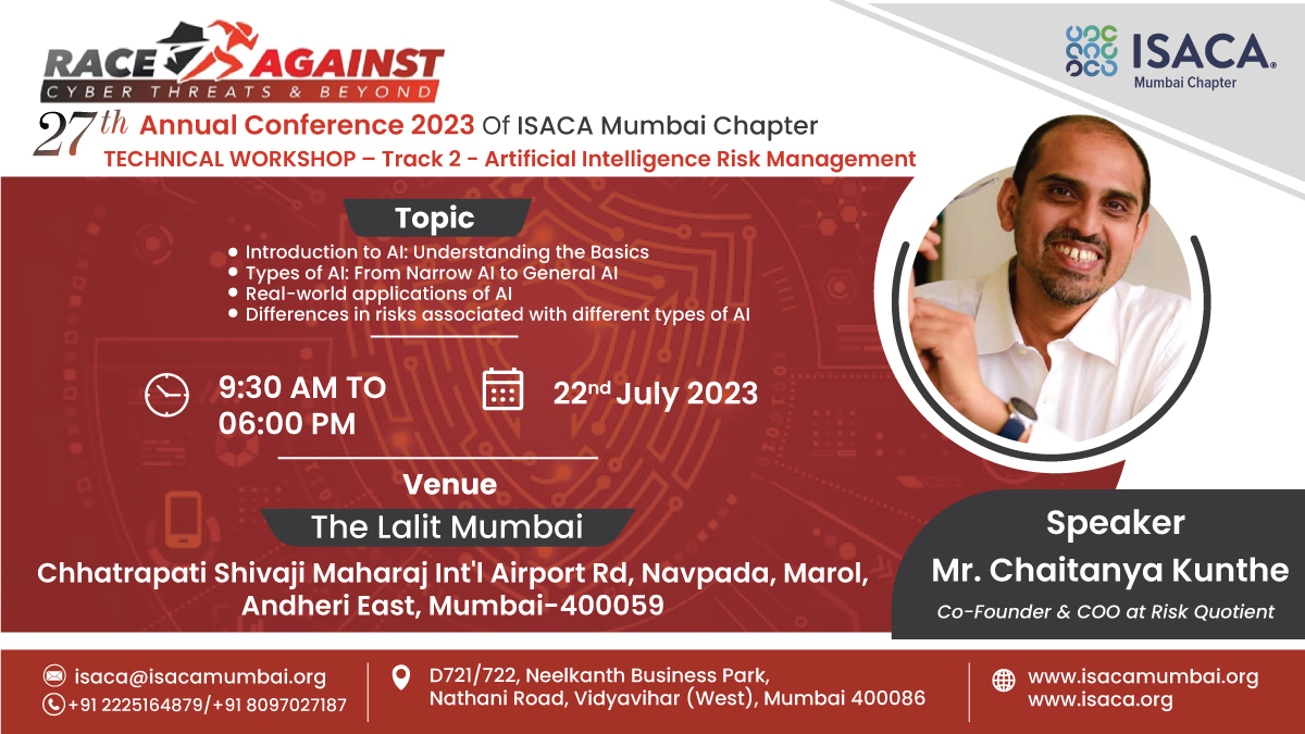 ISACA_Mumbai's tweet image. We are pleased to have Mr. Chaitanya Kunthe- Co-Founder and COO at Risk Quotient as a Speaker for the 27th Annual Conference 2023 at the ISACA Mumbai Chapter. 

#isaca #mumbaichapter #cism #cisa #crisc #cgeit #cdpse #cybersecurity #informationsystems #cybersecurityawareness