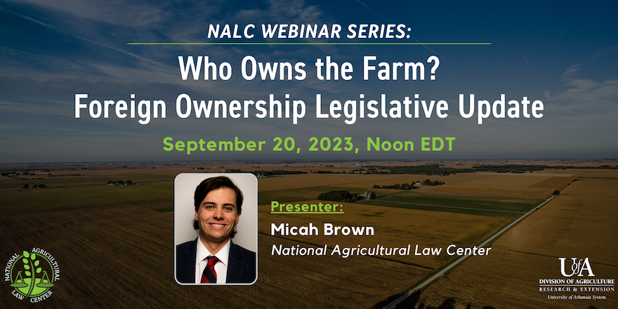 nataglaw's tweet photo. Don't forget to register for our upcoming webinar, "Who Owns the Farm? Foreign Ownership Legislative Update" presented by NALC Staff Attorney Micah Brown. Register (free of charge) here: https://t.co/2DYWO3Yosj… 
#aglaw #foreignownership https://t.co/PjOn2Kez5w