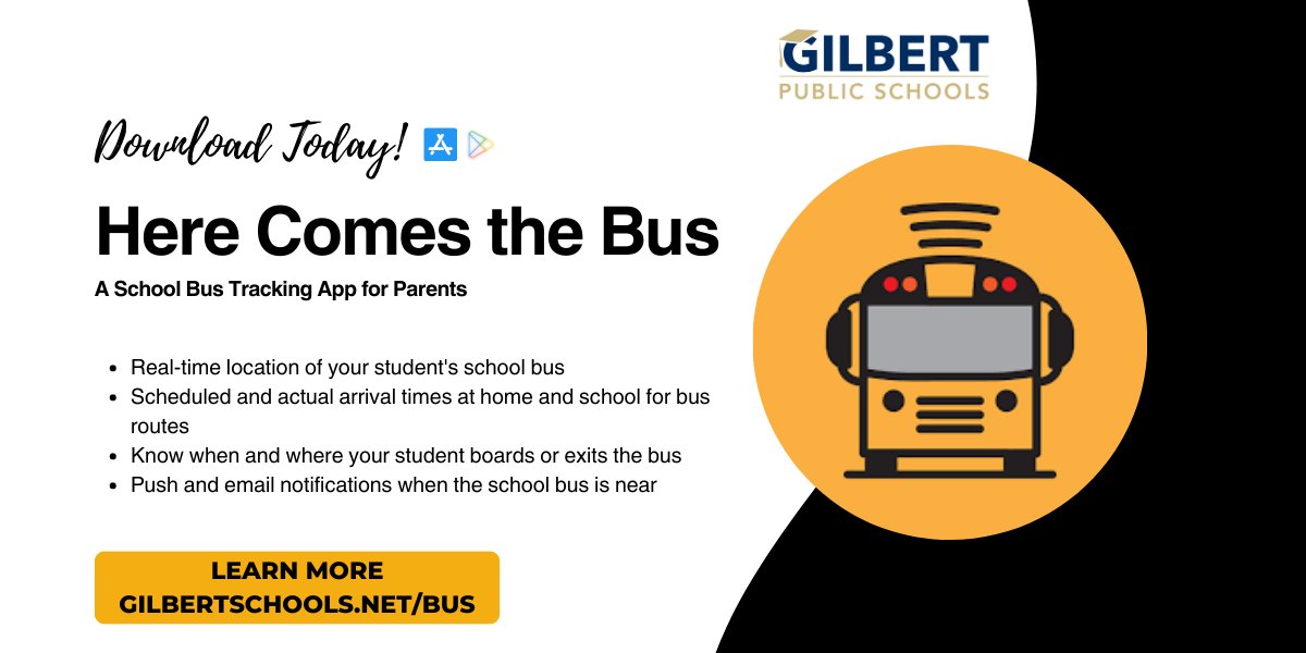 HERE COMES THE BUS🚍

Does your family have the school bus tracking app? It's a great tool to use throughout the school year to ensure your student gets to the bus stop on time, every time. 

Download the app and sign up today! gilbertschools.net/bus