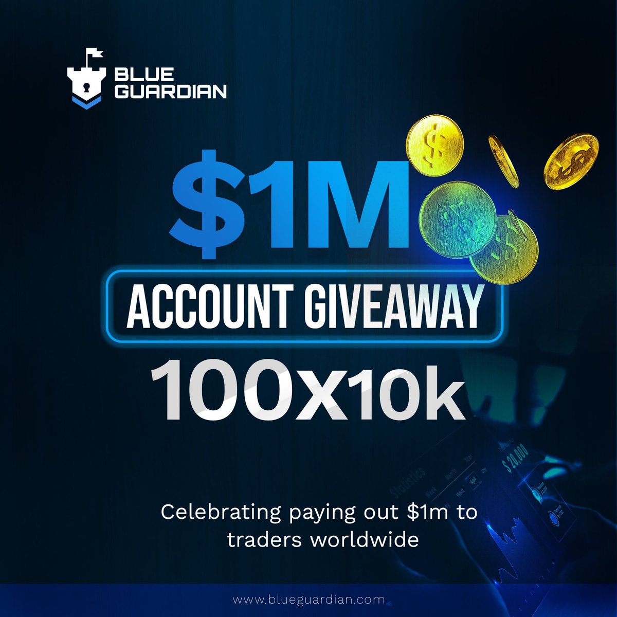 BlueGuardiancom's tweet photo. 🛡️ 3rd out of 10 Giveaways in our $1M Giveaway! 🛡️

To celebrate paying over $1M to traders, we're giving away $1M in accounts!

1. Follow us and @BaintzCEO

2. Like, Retweet &amp; tag 3 traders

3. Subscribe w proof https://t.co/WDFTgrSZwW

Ends in 24h https://t.co/VlMOa3ZlOL
