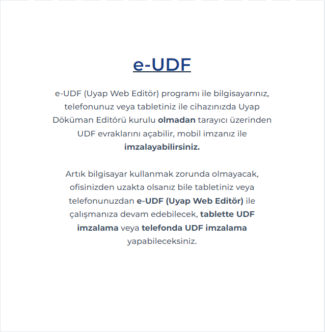 PiTechKurumsal's tweet photo. ***e-UDF (UYAP Web Editor)***
Uyap Doküman Editörü kurulu olmadan, tablet veya telefon ile tarayıcı üzerinden UDF evraklarını açabilir, düzenleyebilir ve mobil imzanız ile imzalayabilirsiniz.

https://t.co/wjVTL16tlV https://t.co/KlTV2AsQFB https://t.co/lOcCIF49Kt