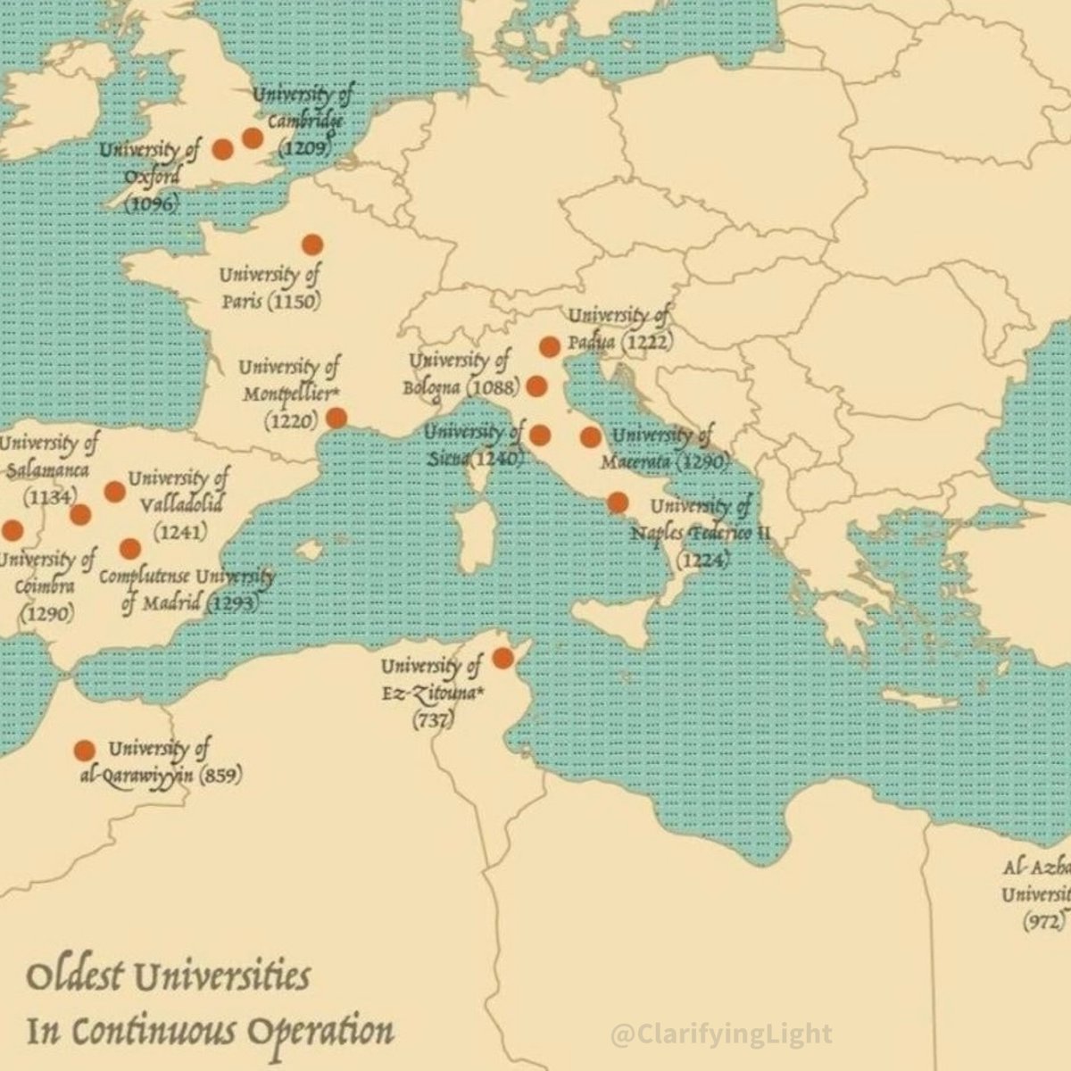 Oxford University has published a map showing the oldest universities in the world: 1. Ez-Zitouna University in Tunisia (737) 2. Al-Qarawiyyin University in Morocco (859) 3. Al-Azhar University in Egypt (972) 4. University of Bologna in Italy (1088) 5. University of Oxford in…