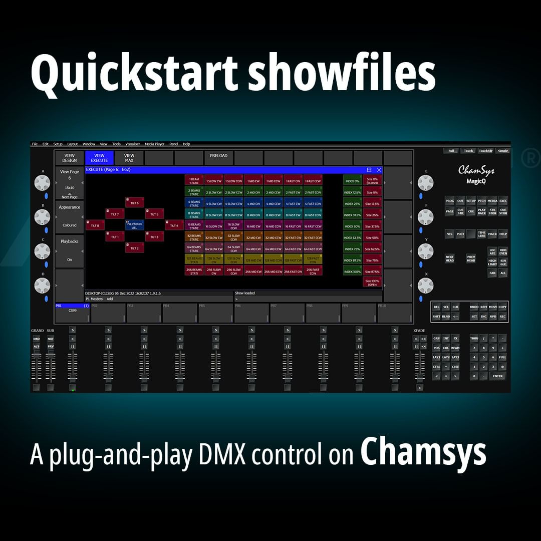 The IVL Photon's QuickStart Showfiles will allow you to save valuable time when working with and programming the fixtures, providing you with a plug-and-play solution.
Download from our website, IVL support page (...)

MA2 / MA3 / AVOLITES / CHAMSYS