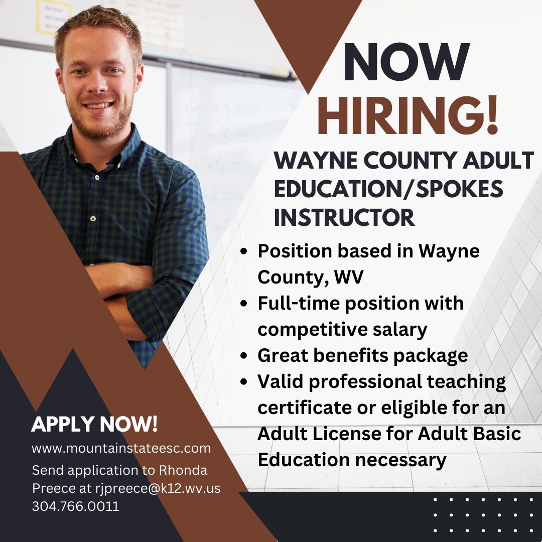 Attention Wayne County/Huntington Area Job Seekers! Great new opening for a full-time Adult Education/SPOKES Instructor. Apply Now! See link for more information! mountainstateesc.com/wayne-county-a…