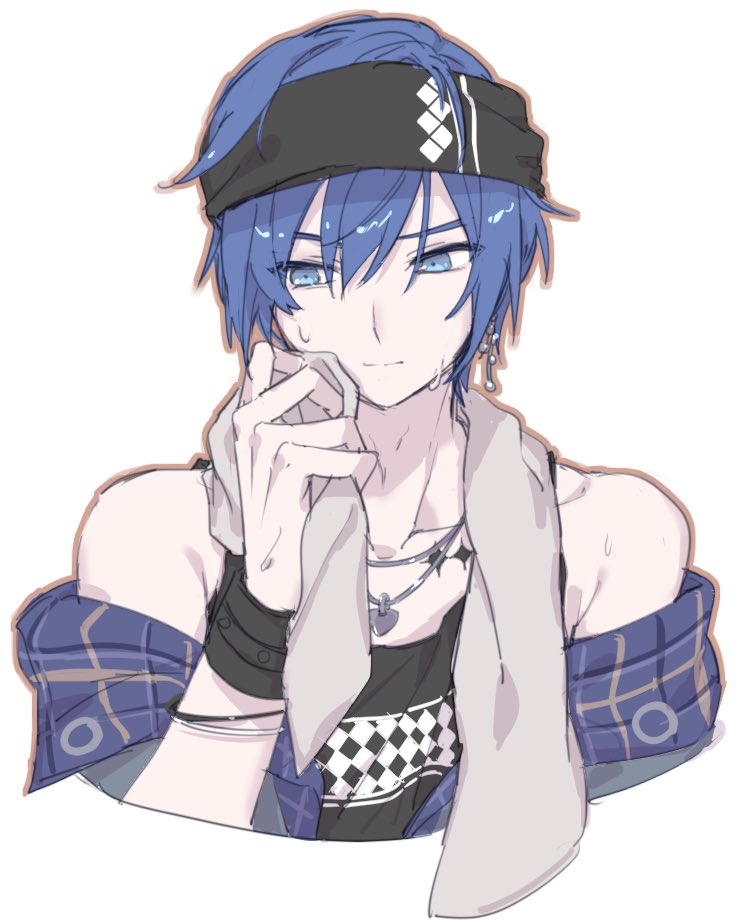 kaito (vocaloid) male focus 1boy blue hair blue eyes solo towel jewelry  illustration images
