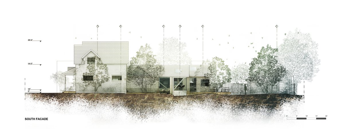 #Facade showing the magnificent garden of our #MCA_ReelHouse #Colorado project. The diverse and curated #vegetation and outdoor functions sinuously merge into each other creating a #fluidsequence of #colours #materiality and #biodiversity #archisections  #drawing  #landscape