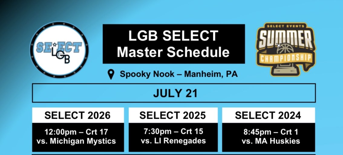 LBGbasketball's tweet image. And so it begins!! Kicking off day 1 of @SelectEventsBB Summer Championships at Spooky Nook in Manheim, PA! 

#LGBSelect2026 will start us off in just a bit with a 12pm tip off against Michigan Mystics. Let's go Select! #HWNL