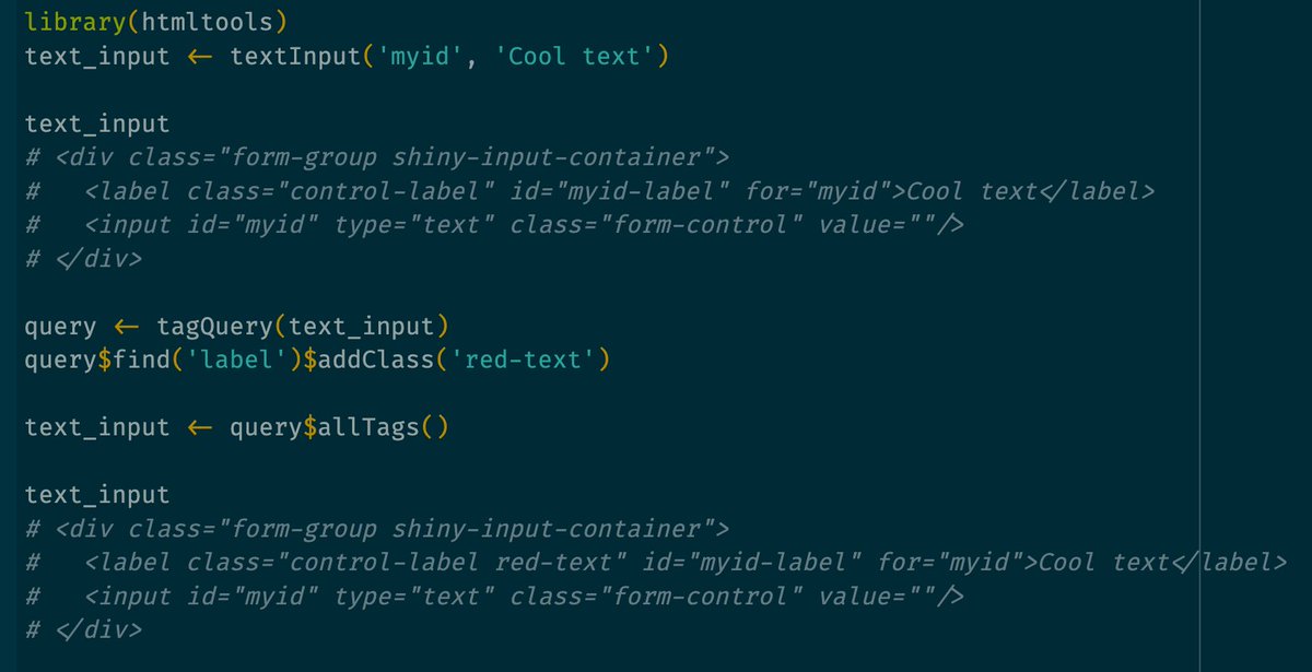 zevross's tweet image. The tagQuery() function provides an effective way to query and modify HTML in #rstats, #rshiny. For example, say you want to add the "red-text" class to a textInput label: