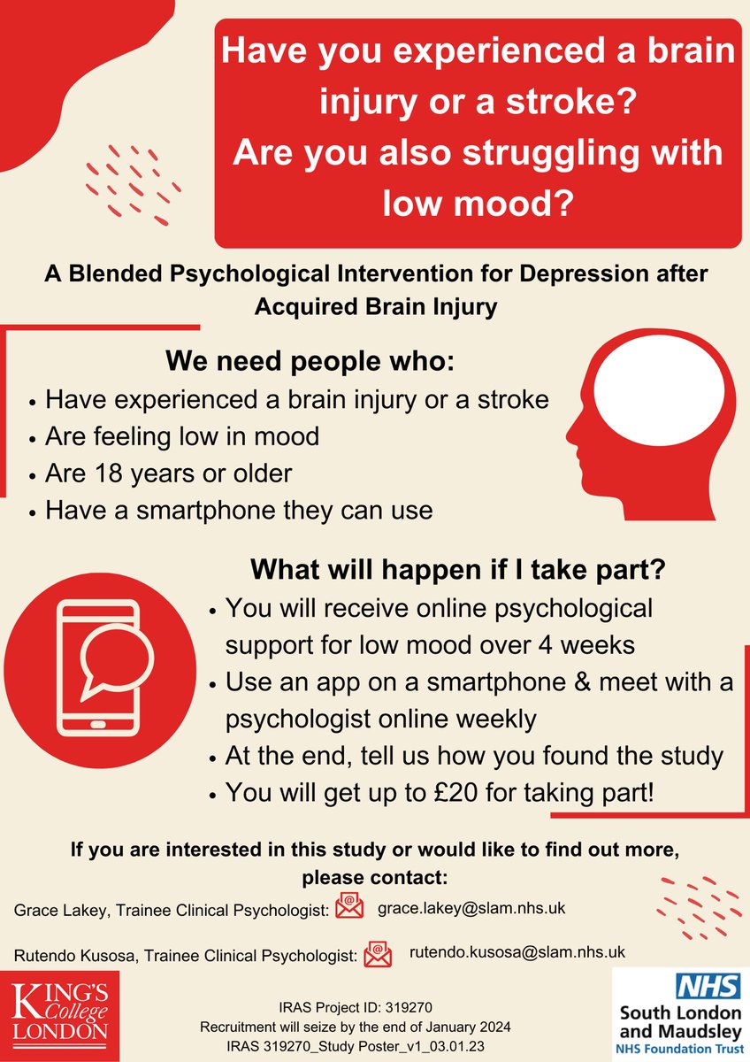 🚨NEW RESEARCH ALERT🚨
 
New study using a blended psychology intervention for low mood after #braininjury or #stroke 🧠

We are looking for people with #acquiredbraininjury to take part in a study which uses a new mobile app to help with low mood! 📱