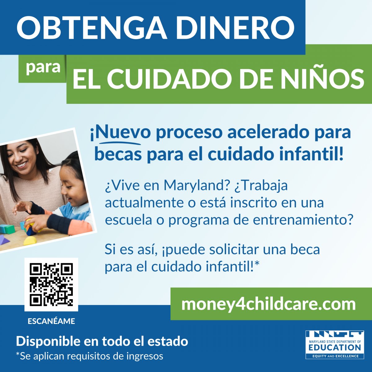 MCPSEspanol's tweet photo. (1/2) ¿Tienes un hijo menor de 13 años? ¿Está trabajando, inscrito en la escuela o en un programa de capacitación? ¡Solicite una beca de cuidado infantil

@MdPublicSchools
#money4childcare https://t.co/jM26EaXlcG