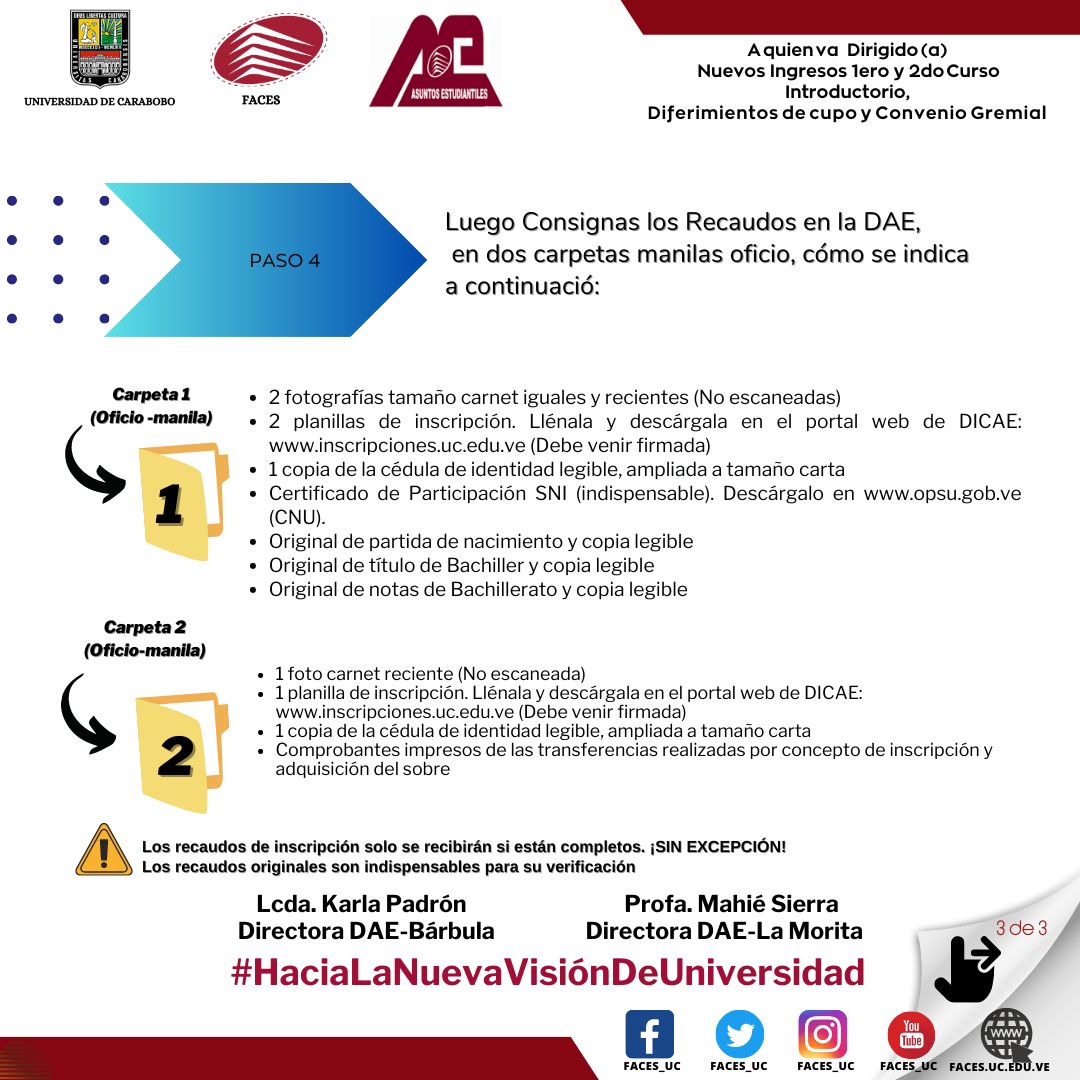 FACES informa del proceso de: INSCRIPCIONES NUEVOS INGRESOS PARA EL PERÍODO ACADÉMICO 1S-2024
A Quien va Dirigido:
a) Aprobaron el 1 ero y 2do curso introductorio 2023.
b) Diferimientos de cupo OPSU 2022,
c) Convenio Gremial 2023

Dr. Benito Hamidian
Decano
