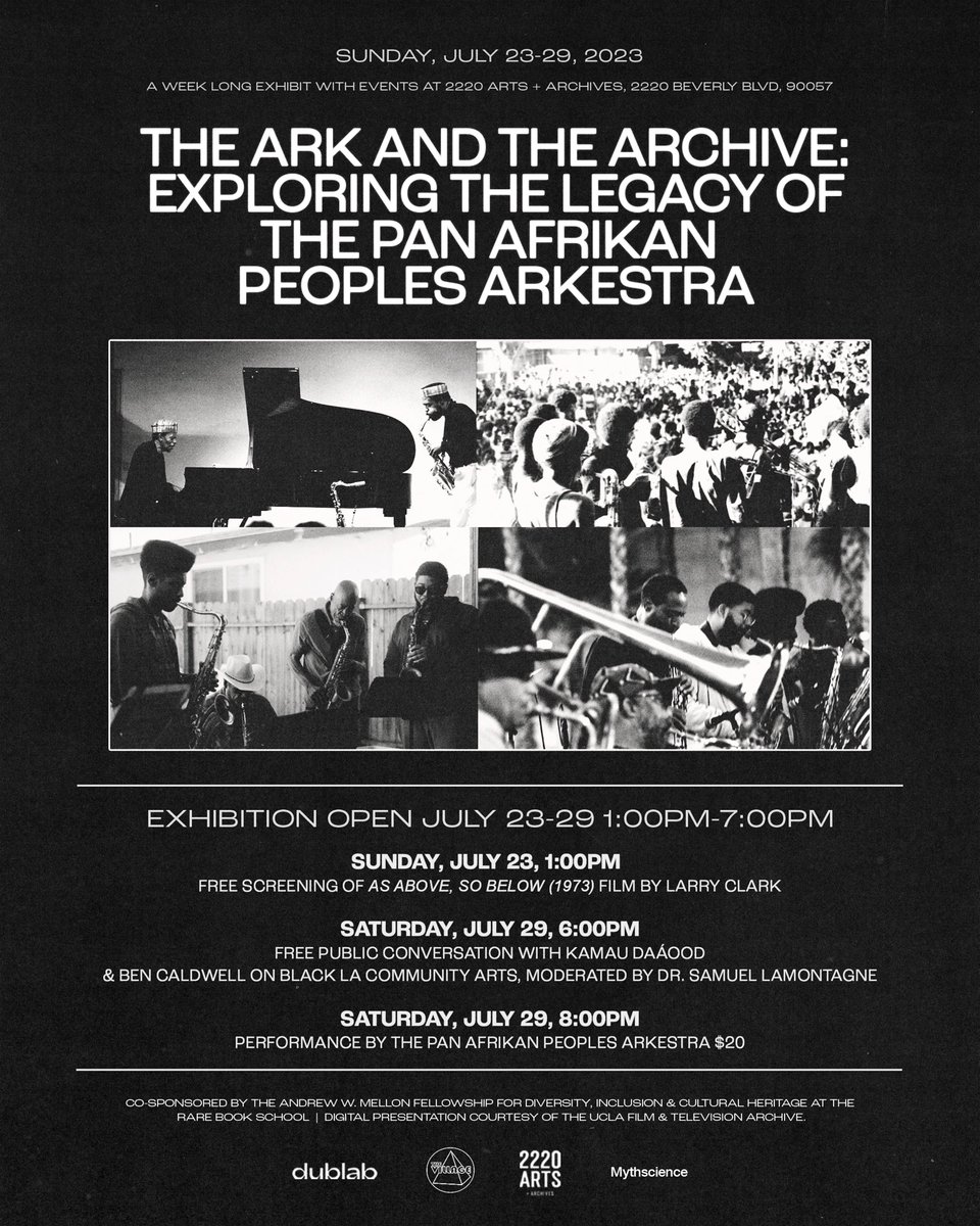 bibliotekah (@tttkay) on Twitter photo I'm excited to announce "The Ark and the Archive: Exploring the Legacy of the Pan Afrikan People’s Arkestra," an exhibition and series of events I've co-organized that celebrate the 60+ years of this Black jazz ensemble from South LA from July 23-July 29 <a href="/2220Arts/">2220 Arts + Archives</a> (link in bio) I'm excited to announce "The Ark and the Archive: Exploring the Legacy of the Pan Afrikan People’s Arkestra," an exhibition and series of events I've co-organized that celebrate the 60+ years of this Black jazz ensemble from South LA from July 23-July 29 <a href="/2220Arts/">2220 Arts + Archives</a> (link in bio)