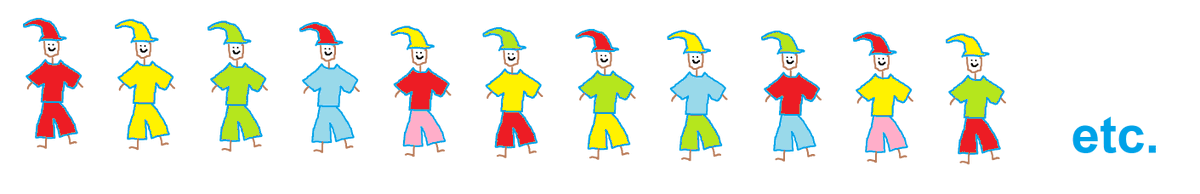 60 people in a row wearing hats, shirts, pants. Going left to right ... Hats cycle in colors red, yellow, green. Shirts cycle in colors red, yellow, green, blue. Pants cycle in colors red, yellow, green, blue, pink. Is there a person with a green hat, blue shirt, green pants?