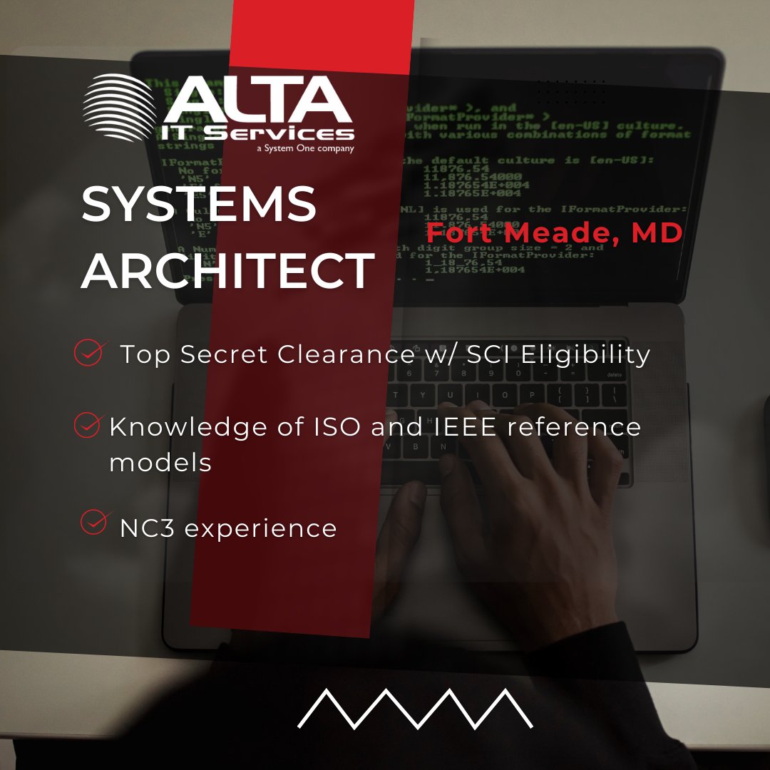 #ALTAIT is hiring for a Systems Architect in Fort Meade, MD.

Are you interested? Apply online today: rb.gy/nvv8n

#hiring #itjobs #techjobs #systemsarchitect #NC3 #securityclearance #systemdesign  #systemengineering #technicalwriting #techsavvy #marylandjobs