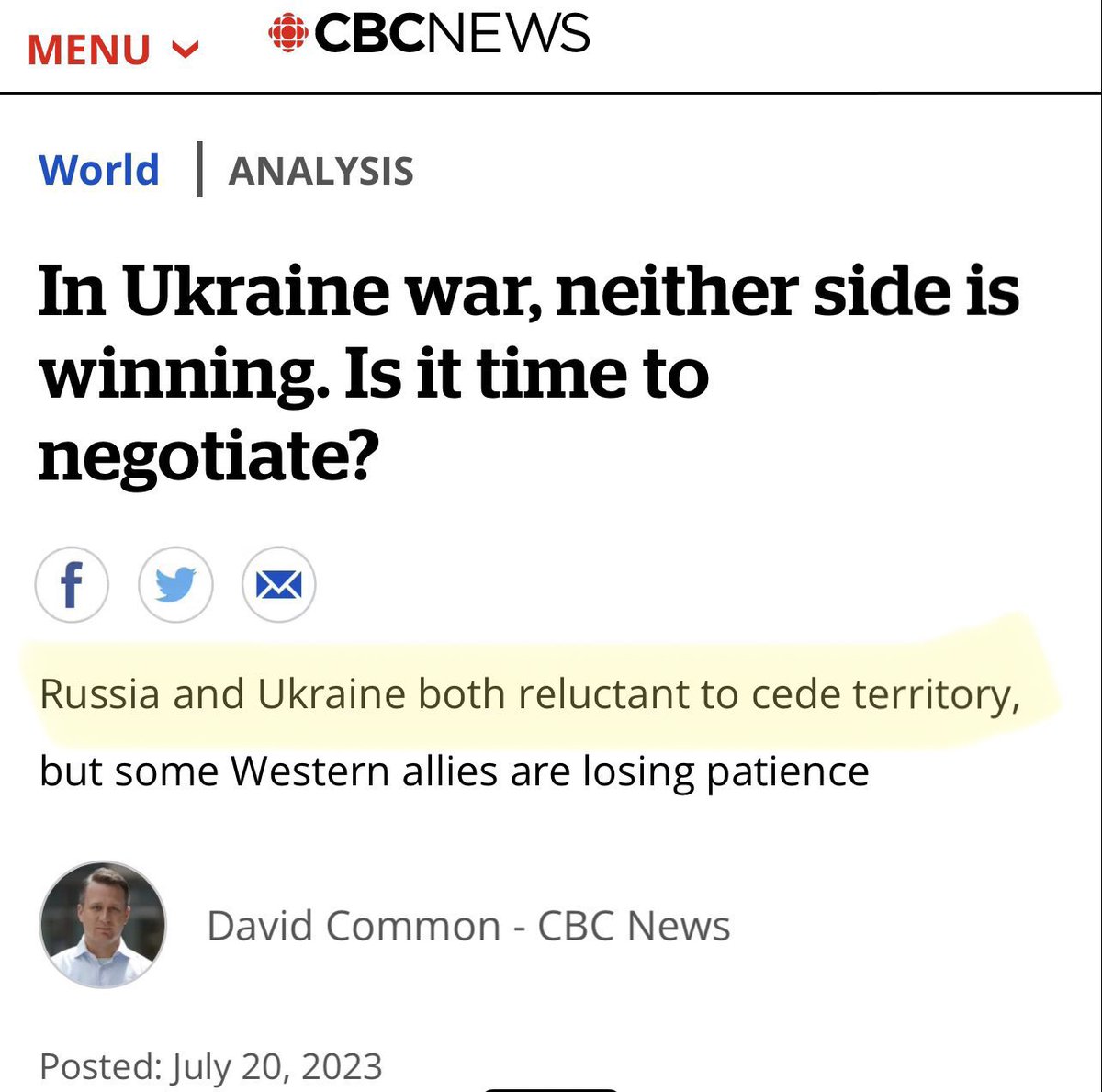 Biz_Ukraine_Mag's tweet photo. Appalling “both sides-ism” from @CBCNews. Nobody is asking Russia to cede a single inch of territory - all they have to do is end their invasion and leave Ukraine https://t.co/t6sXdr5mQ9