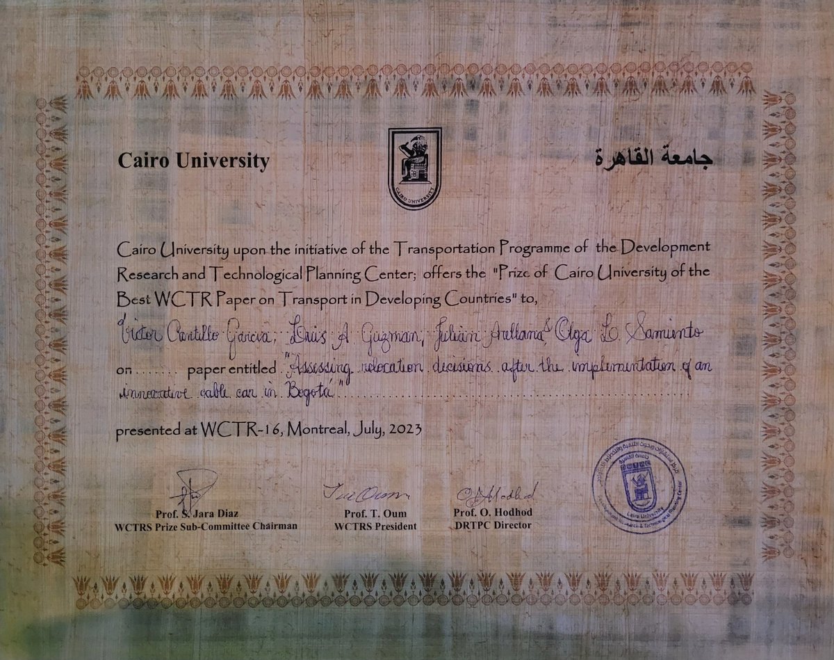 Y para cerrar nuestra participación en #WCTR2023, nuestro trabajo con @EpiAndes recibió dos premios: mejor artículo de investigación de países en desarrollo (área H) y el premio de la Univ. del Cairo al 'best WCTR paper on transport developing countries'
Thank you @WCTRSoc