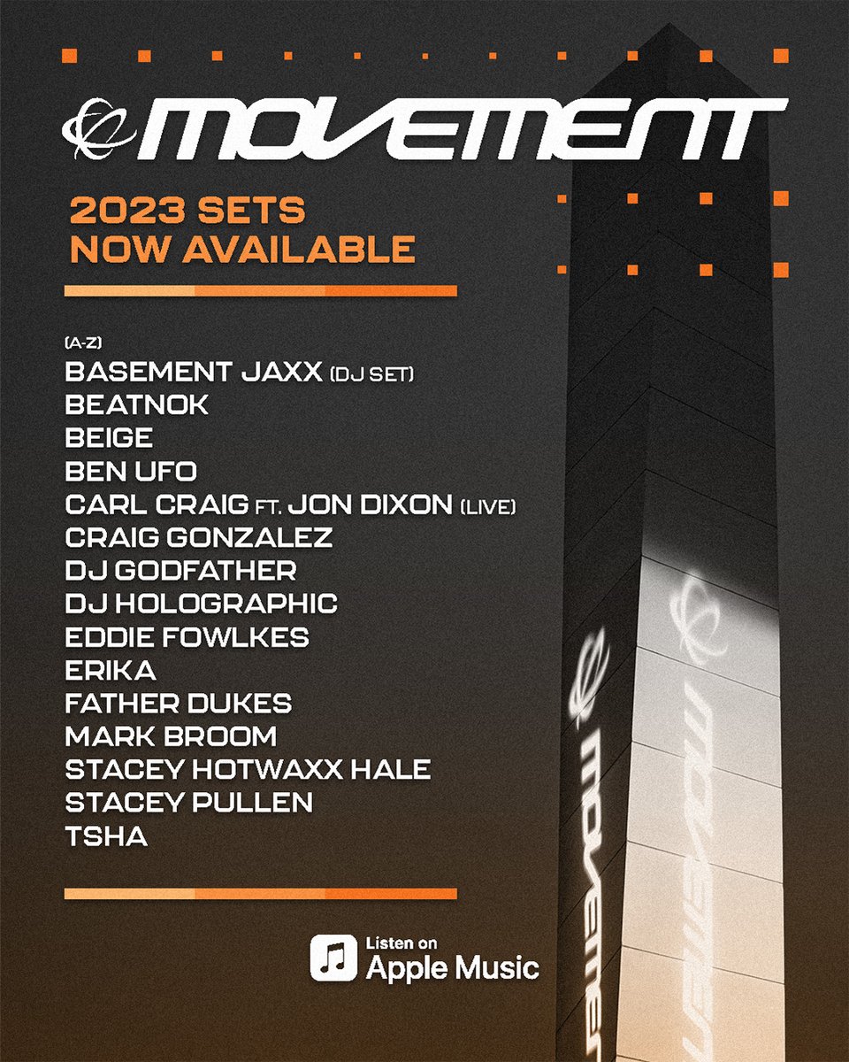 Movement Detroit (@movementdetroit) on Twitter photo First-round of select #Movement2023 sets including <a href="/TheBasementJaxx/">Basement Jaxx</a>, TSHA, <a href="/BenUFO/">Ben UFO</a>, <a href="/carlcraignet/">RIDE OR DIE</a> ft <a href="/Jon___Dixon/">Jon Dixon</a>, Eddie Fowlkes, <a href="/djholographic/">DJ Holographic</a> and MORE now available on <a href="/AppleMusic/">Apple Music</a> ⟶ movementfestival.com/livesets2023 First-round of select #Movement2023 sets including <a href="/TheBasementJaxx/">Basement Jaxx</a>, TSHA, <a href="/BenUFO/">Ben UFO</a>, <a href="/carlcraignet/">RIDE OR DIE</a> ft <a href="/Jon___Dixon/">Jon Dixon</a>, Eddie Fowlkes, <a href="/djholographic/">DJ Holographic</a> and MORE now available on <a href="/AppleMusic/">Apple Music</a> ⟶ movementfestival.com/livesets2023