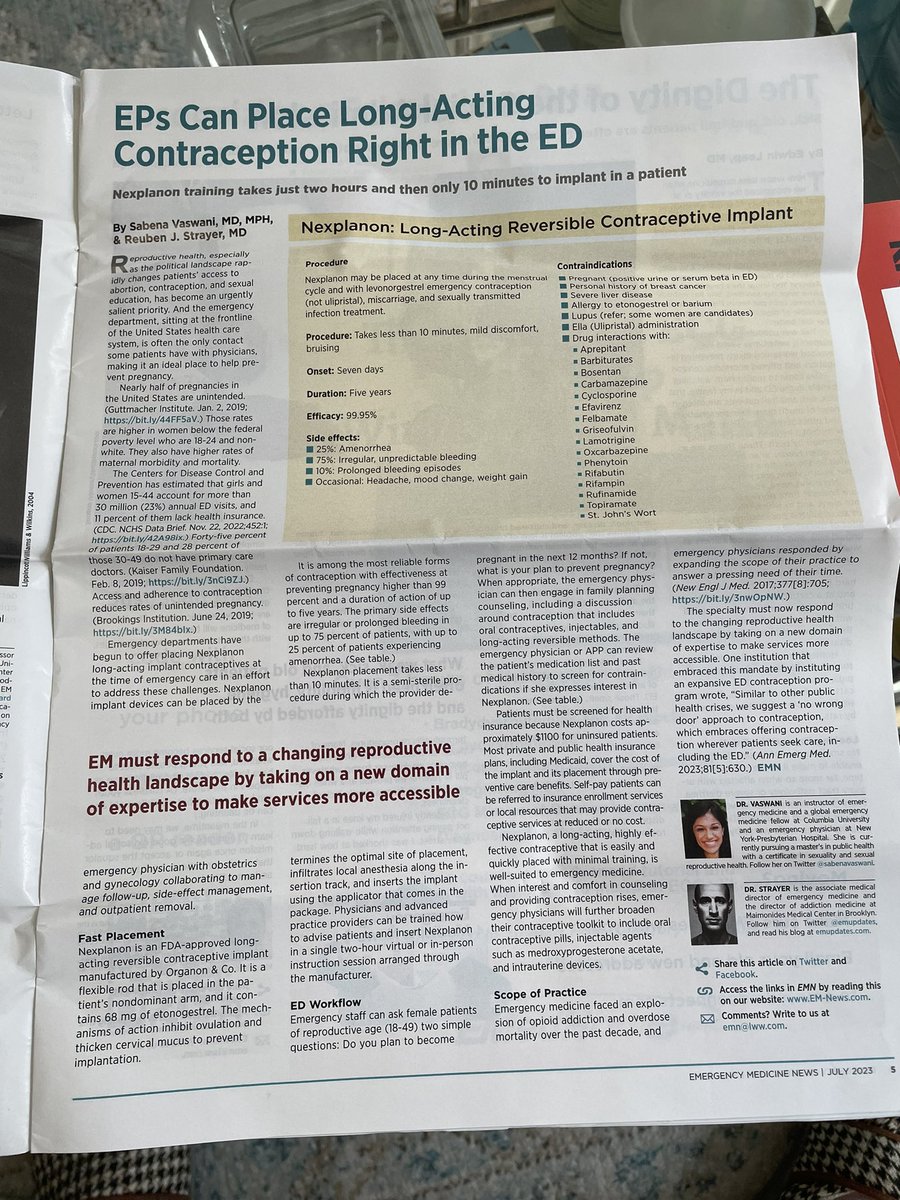 Emergency departments have untapped potential to evolve to fill unmet reproductive health needs for our patients- exciting to see <a href="/SabenaVaswani/">Sabena Vaswani, MD MPH</a> <a href="/emupdates/">reuben strayer</a>’s  article on placing Nexplanons in the ED in <a href="/EMNews/">Emergency Medicine News</a> (now for logistics…)