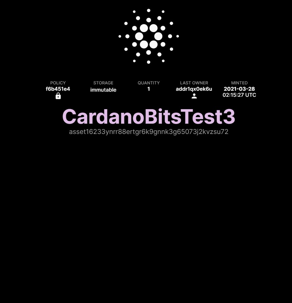 TYLRwithspaces's tweet photo. 2021-03-28
One of the first instances of @CardanoBits on the blockchain โ "CardanoBitsTest3" (3/4)
This was gifted to me by the creator of #CardanoBits after the #CollaBits event.
No media, no traits, just a title.
(3 of 4)
2/๐งต https://t.co/bTXHnjz1nl