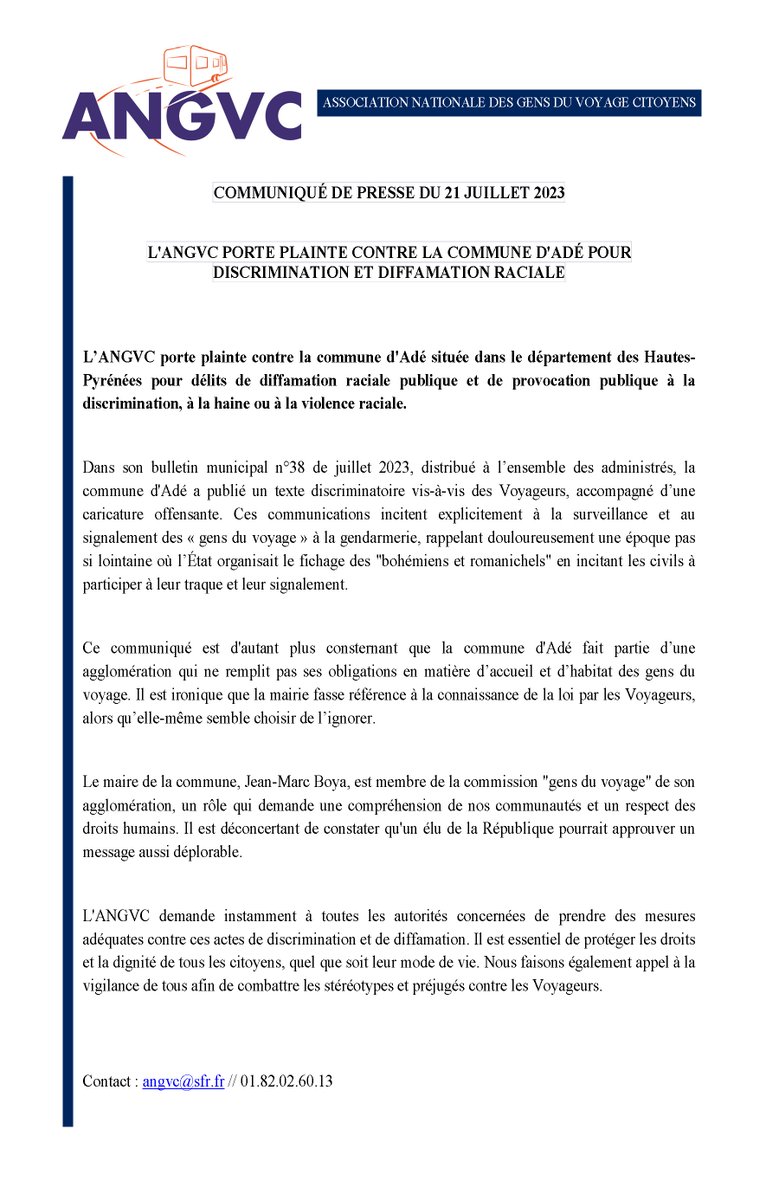 angvc_asso's tweet photo. 🔴 COMMUNIQUE DE PRESSE

Une nouvelle fois, l'ANGVC porte plainte contre la publication antitsigane d'une mairie. https://t.co/iWDrqrUTUc