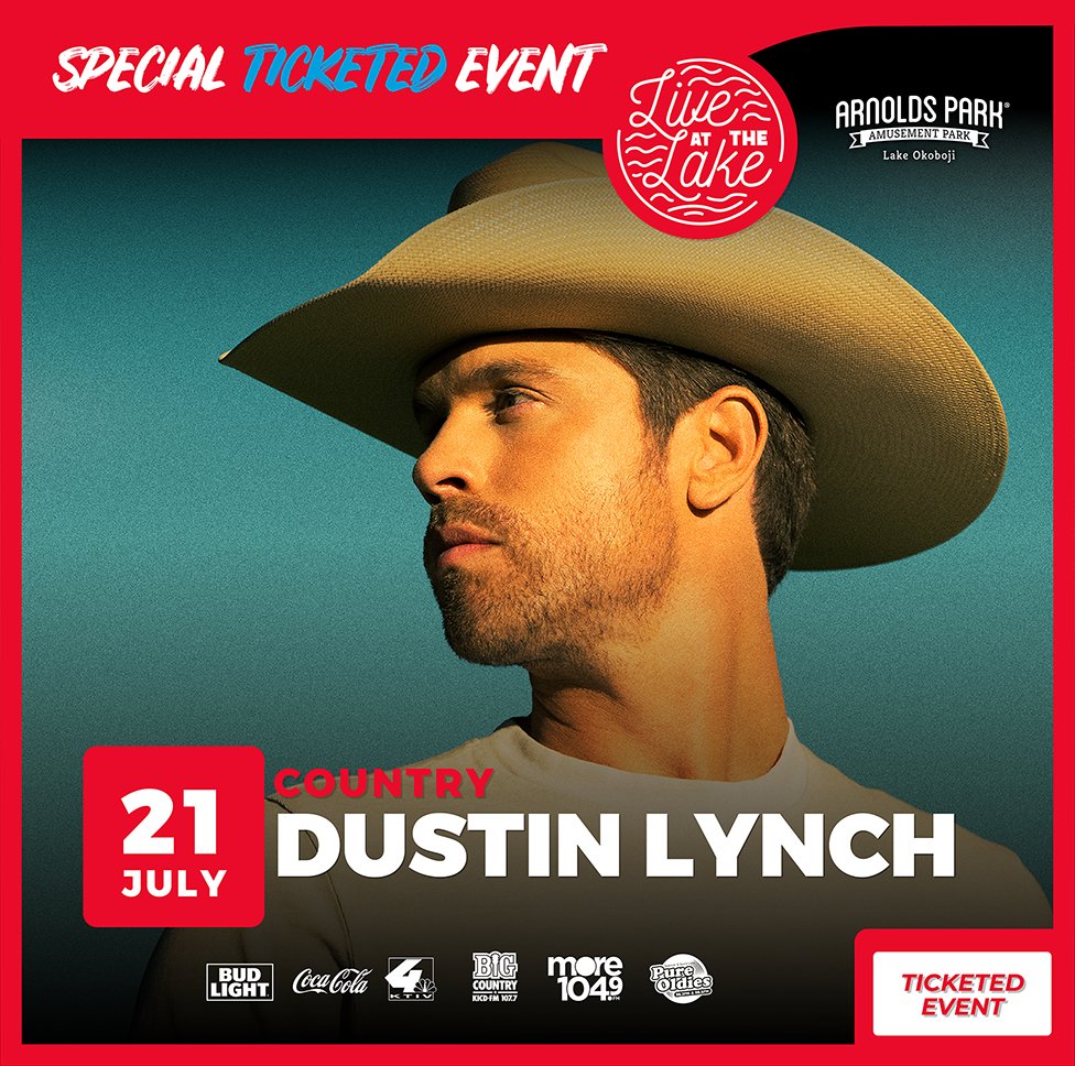 Dustin Lynch is playing on the Preservation Plaza for Live at the Lake!
The show starts at 7:30pm.

Dustin Lynch is a ticketed concert.
🎟️: arnoldspark.com/event/dustin-l….
Full schedule: arnoldspark.com/live-at-the-la….